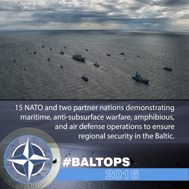 Gruppe von Schiffen auf dem Wasser mit bewölktem Himmel, mit Text und Logo über NATO-Meereseinsätze in der Ostsee.