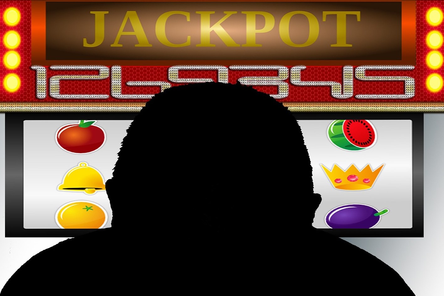 Ein Mann spielt an einem Online-Slot-Automaten mit einer "Jackpot"-Anzeige, umgeben von fruchtig-themen Elementen.