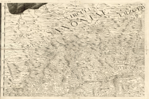 Ein detaillierter alter Plan von Sachsen, Deutschland, der geographische Merkmale wie Flüsse, Berge und Städte zeigt, mit begleitendem Text, der zusätzliche Informationen über die Region und ihre Bewohner liefert.