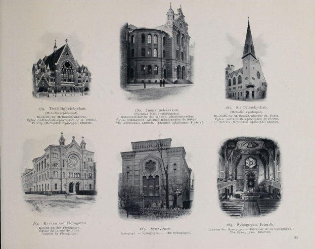 Schwarzes und weißes Foto von sechs verschiedenen Gebäuden mit unterschiedlichen Architekturstilen, begleitet von erklärendem Text.