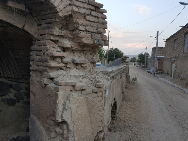 Ein Hund läuft auf einem Schotterweg neben einer Backsteinmauer, mit Gebäuden, Straßenlaternen, Strommasten, Stromkabeln, Bäumen und einem bewölkten Himmel im Hintergrund.