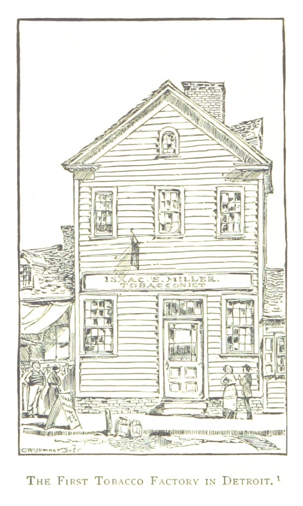 Eine Zeichnung der ersten Tabakfabrik in Detroit mit ein paar Menschen davor und Text unten.
