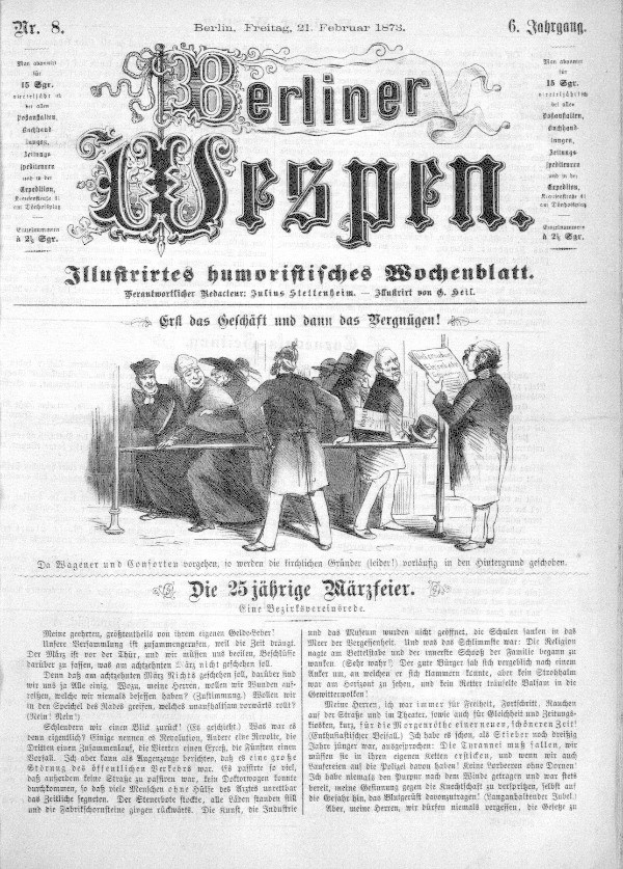 Alte deutsche Zeitung "Berliner Wespen" vom 21. Februar 1873 mit einer Gruppe von Menschen in traditioneller deutscher Tracht, die sich unterhalten, und deutschem Text zum Ereignis.