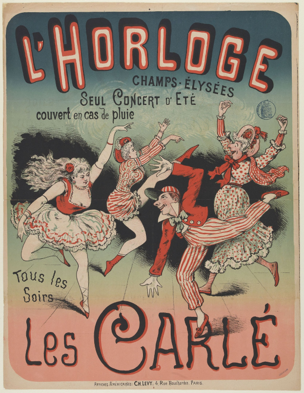 Ein farbenfrohes Konzertplakat für ein Event im Chorlage in Paris, das eine Gruppe von Menschen in bunten Kostümen zeigt, die fröhlich tanzen, umgeben von auffälligem Text auf einem hellgelben Hintergrund.