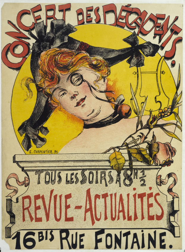 Plakat für ein Konzert der Decadents mit einer Frau mit menschlichem Gesicht und Text mit Veranstaltungseinzelheiten.