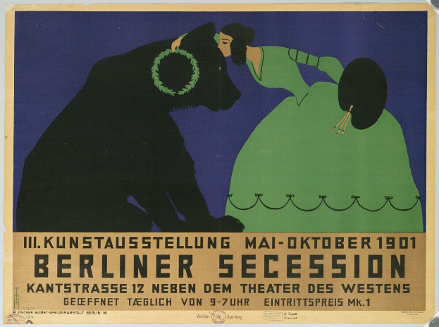 Plakat für die Berliner Secession mit einer Frau in grünem Kleid und einem Mann im schwarzen Anzug, mit Text zur Beschreibung des Ereignisses.