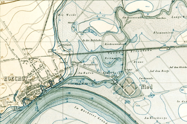 Ein alter Stadtplan von Hamburg, Deutschland, mit einem Fluss, Straßen, Gebäuden, Sehenswürdigkeiten und beschreibendem Text.