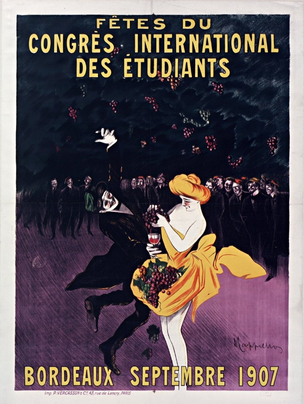 Plakat für eine Weinprobe im Jahr 1907 in Bordeaux, Frankreich, mit einer Frau in einem gelben Kleid, die ein Weinglas hält und von einer Gruppe Menschen umgeben ist.