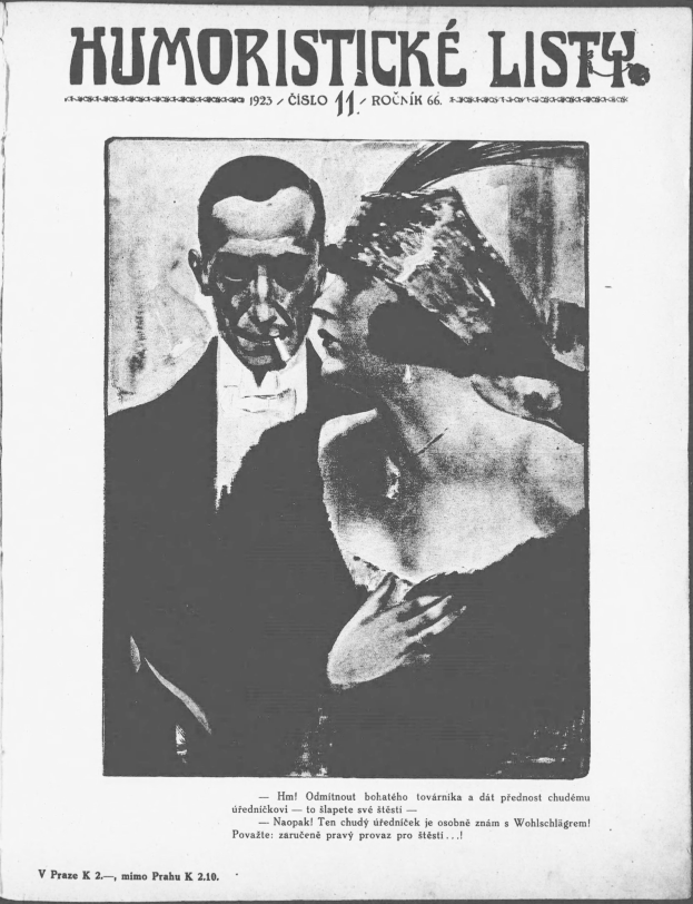 Schwarze und weiße Zeitschriftentitel 'Humoristische Liste' mit einem Mann im Anzug mit ernster Miene und einer Frau, die schief grinst und wegsieht.