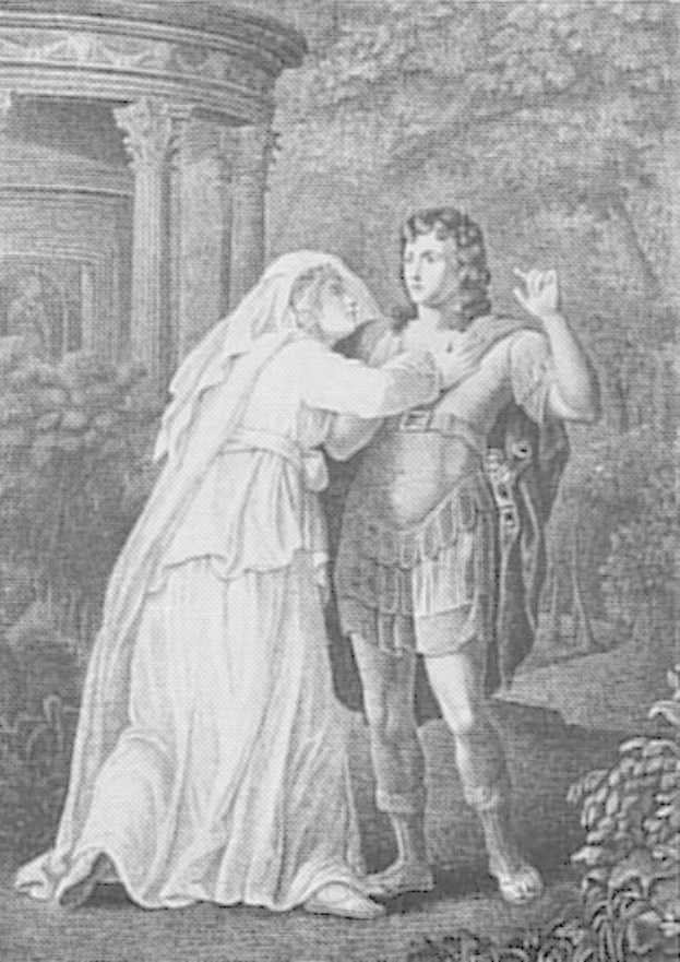 Eine Schwarz-Weiß-Gravur von einem Mann und einer Frau, die vor einem Gebäude stehen, umgeben von Pflanzen und Bäumen, mit der Inschrift "Die Hochzeit von Romeo und Julia" unten.