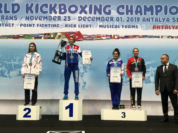 Fünf Personen auf einem Podium mit Trophäen und Urkunden in den Händen, im Hintergrund ein Banner "World Kickboxing Championship Antalya 2019".