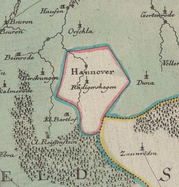 Ein detailliertes altes Stadtplan von Hannover, Deutschland, das Ortschaften, St├Ądte, geografische Merkmale und Text ├╝ber Bev├Âlkerung, Stra├čen und Sehenswürdigkeiten zeigt.