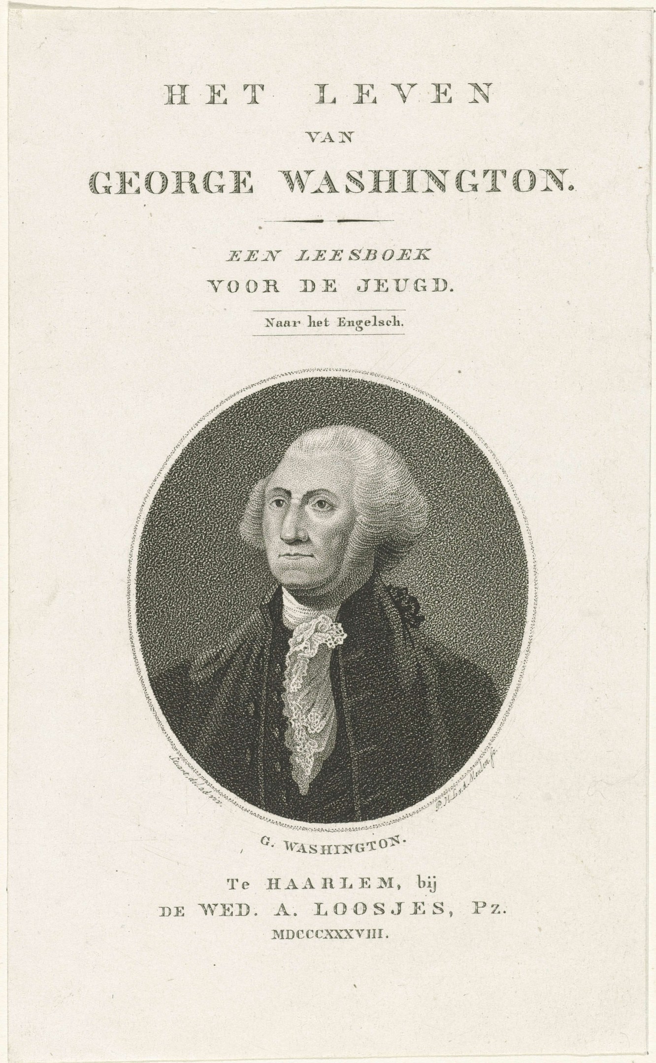 Porträt von George Washington auf Papier mit Text, der nach vorne schaut, mit ernstem Gesichtsausdruck, trägt einen Anzug und eine Krawatte mit zurückgekämmtem Haar.