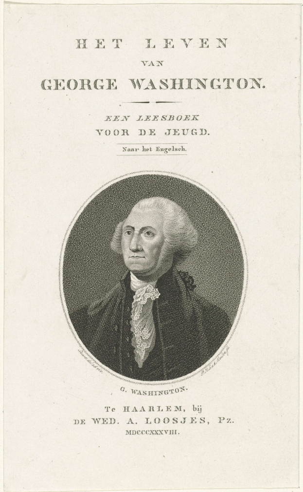 Porträt von George Washington auf Papier mit Text, der nach vorne schaut, mit ernstem Gesichtsausdruck, trägt einen Anzug und eine Krawatte mit zurückgekämmtem Haar.