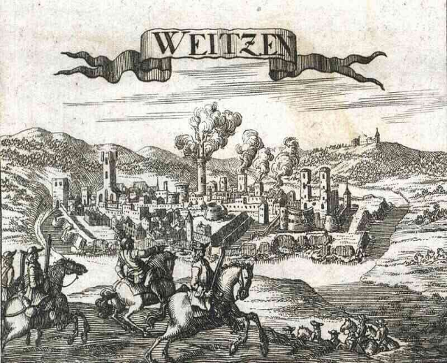 Schwarz-weiß-Radierung von Weitzen, Deutschland, die eine Stadt mit Reiternden im Vordergrund zeigt, umgeben von Hügeln, Gebäuden, Bäumen und Rauch, mit einem Banner oben mit der Aufschrift "Weitzen, Deutschland."