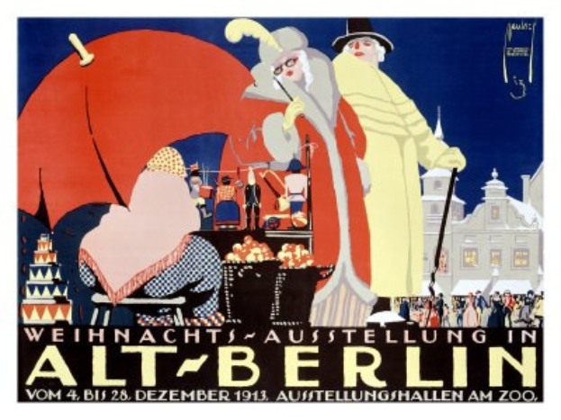 Plakat für eine Weihnachtsausstellung in altem Berlin mit leuchtenden Illustrationen von Menschen, Gebäuden und Gegenständen und dem Text "Weihnachtsausstellung in Alt-Berlin" oben drauf.