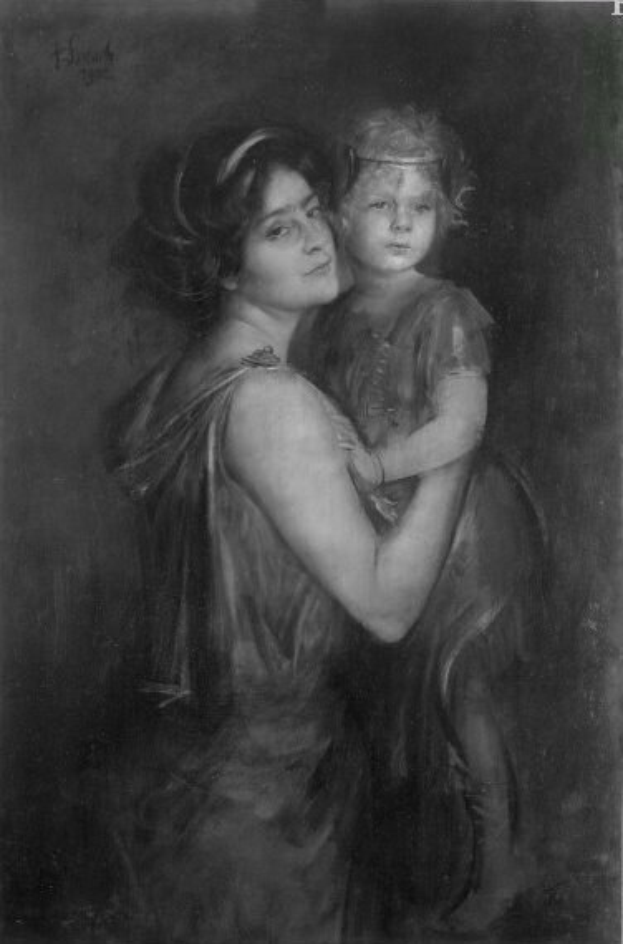 Schwarzes und wei├čes Portr├Ąt einer Frau, die ein Kind h├Ąlt, beide schauten liebevoll aufeinander, mit dem Text "Mutter und Kind" unten.