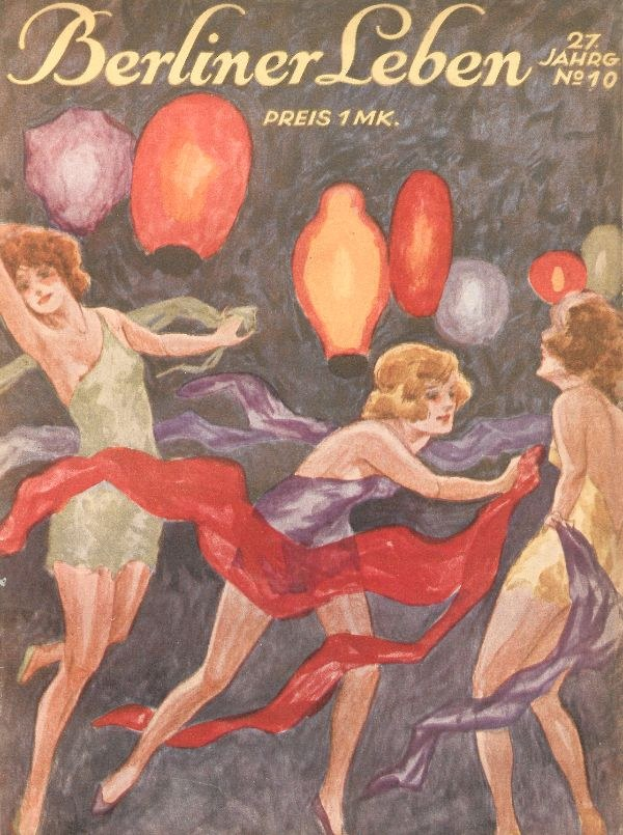 Titelbild des 'Berliner Leben'-Magazins mit einem Bild von drei Frauen in bunten Kleidern, die mit ausgestreckten Armen tanzen und von farbigen Luftballons umgeben sind.
