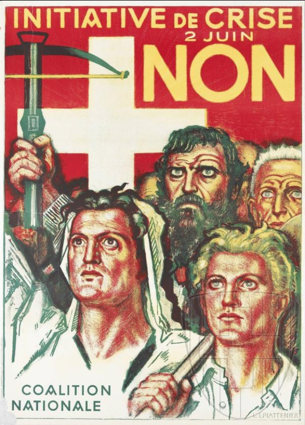 Plakat für die Coalition Nationale, eine nichtregierungsorganisatorische Initiative, mit einer Gruppe von Menschen, die einen Hammer und eine Sichel halten, und Text, der über die Organisation informiert.