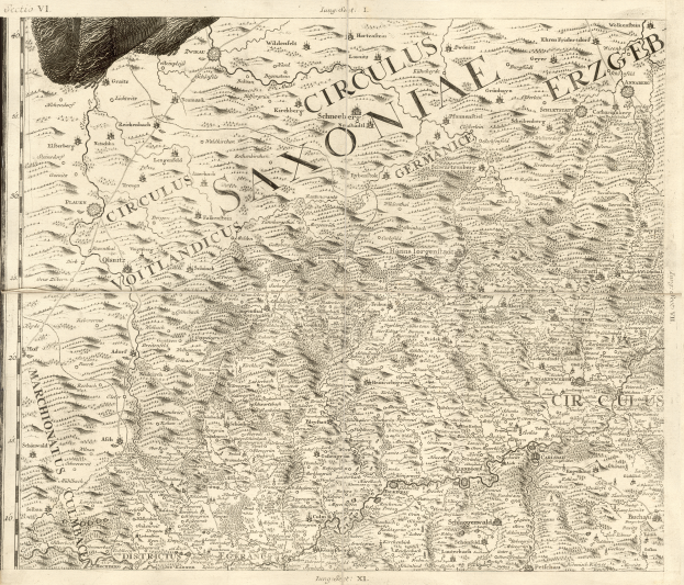 Ein altes Sachsen-Karte von Deutschland, das geografische Merkmale wie Flüsse, Berge und Städte zeigt.