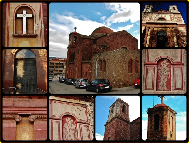 Eine Collage aus neun Bildern mit einem zentralen Gebäude mit parkenden Autos davor, einem Kreuzsymbol oben links, einem weiteren Gebäude oben rechts und zusätzlichen Gebäuden unten.