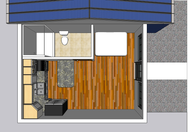 Grundriss eines Tiny House mit Küche und Wohnbereich, einschließlich Toilette, Waschbecken und Schränken.