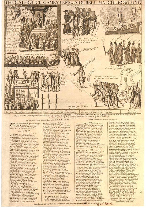 Ein Blatt mit Illustrationen von katholischen Bowling-Spielern in verschiedenen Stellungen, begleitet von Text, der die Regeln und Vorschriften eines Doppel-Matches beschreibt.