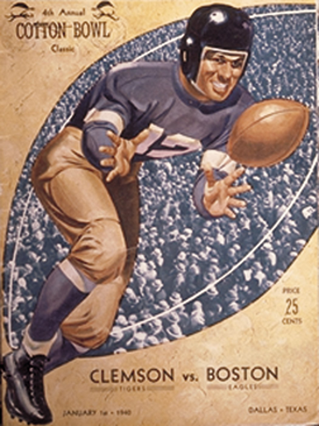 Ein Plakat mit einem Football-Spieler in einem Helm, der einen Football hält, mit der Aufschrift "Cotton Bowl Cleveland vs Boston" darüber und einem entschlossenen Gesichtsausdruck des Spielers.