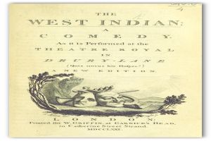 Ein Plakat für 'Die Westindische Komödie' im Theatre Royal in Drury Lane, das ein Schwarz-Weiß-Bild eines Mannes mit Zylinder und einer Frau in einem langen Kleid zeigt, die beide lächeln und in die Kamera blicken, mit der überdimensionalen, weißen Schrift 'Die Westindische Komödie'.
