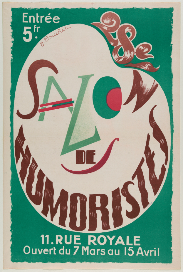 Ein Plakat, das eine Humoristentenveranstaltung in Paris, Frankreich, ankündigt, mit Text, der die Angebote der Veranstaltung beschreibt.