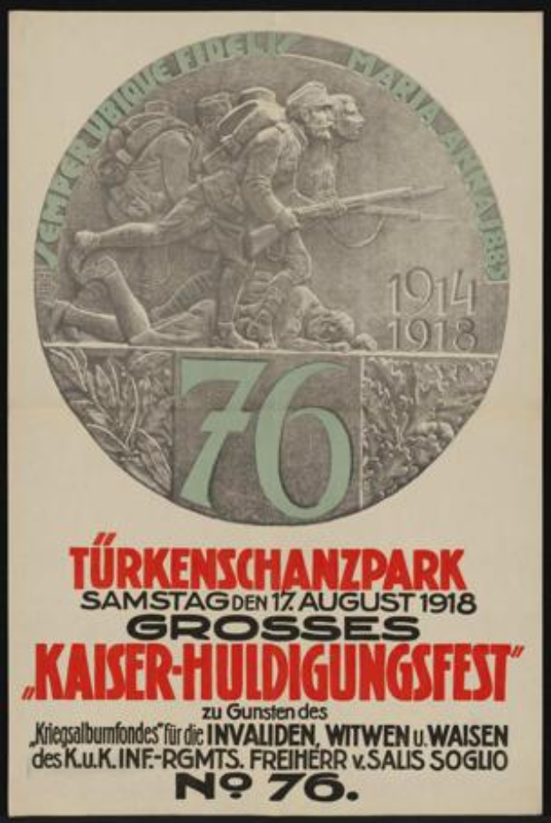 Ein gerahmtes Plakat zum 70-j√§hrigen Jubiläum des Kaiser-Huldigungsfests in Berlin, Deutschland, mit einer Gruppe von Menschen in der Mitte und umgeben von Text und Zahlen.