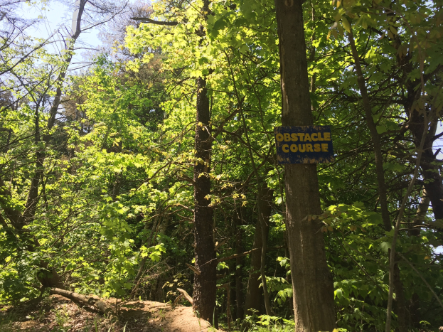 Ein Schotterweg in einem Waldgebiet mit einem hölzernen Schild, auf dem "Hindernislauf" steht, und Bäumen auf beiden Seiten, die zu einem sichtbaren Himmel im Hintergrund führen.