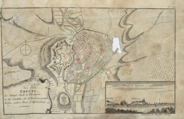 Ausführliche alte Karte von Erfurt, Deutschland, zeigt Straßen, Gebäude und Sehenswürdigkeiten mit begleitendem Text und Illustrationen.