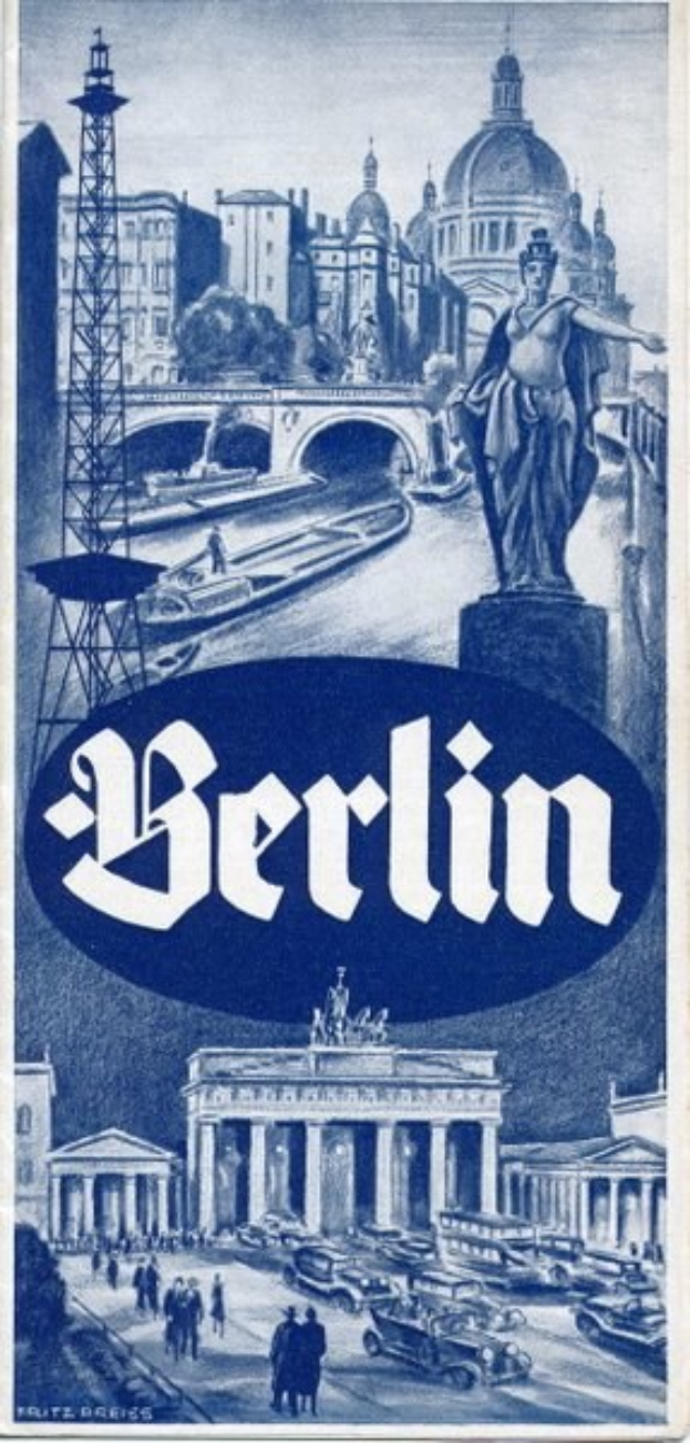 Plakat, das Berlin, Deutschland bewirbt und eine Statue, Gebäude, einen Turm, Menschen, Fahrzeuge auf der Straße und eine Brücke zeigt sowie Text enthält, der Informationen zur Stadt bereitstellt.