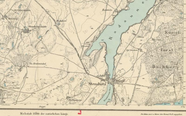 Ein altes Stadtplan von Stendsitz, Deutschland, der Straßen, Gebäude, Sehenswürdigkeiten und einen Fluss zeigt, der durch die Stadt fließt, mit Textangaben zur Bevölkerung, Bevölkerungsdichte und Lage.
