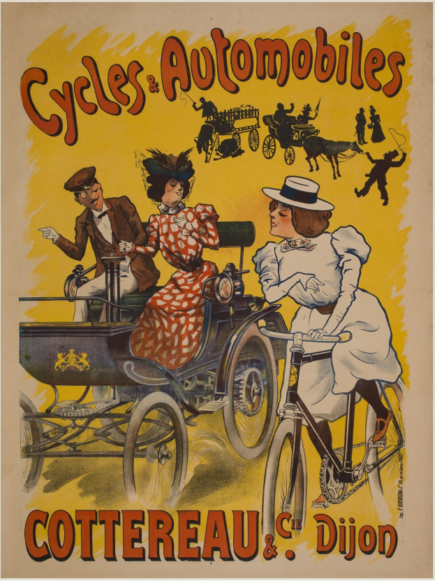 Ein Vintage-Plakat, das Fahrräder und Automobile in Cottereau und Dijon, Frankreich, bewirbt und Menschen zeigt, die Fahrräder fahren und eine Kutsche mit dem Text "Fahrräder und Automobile" oben.