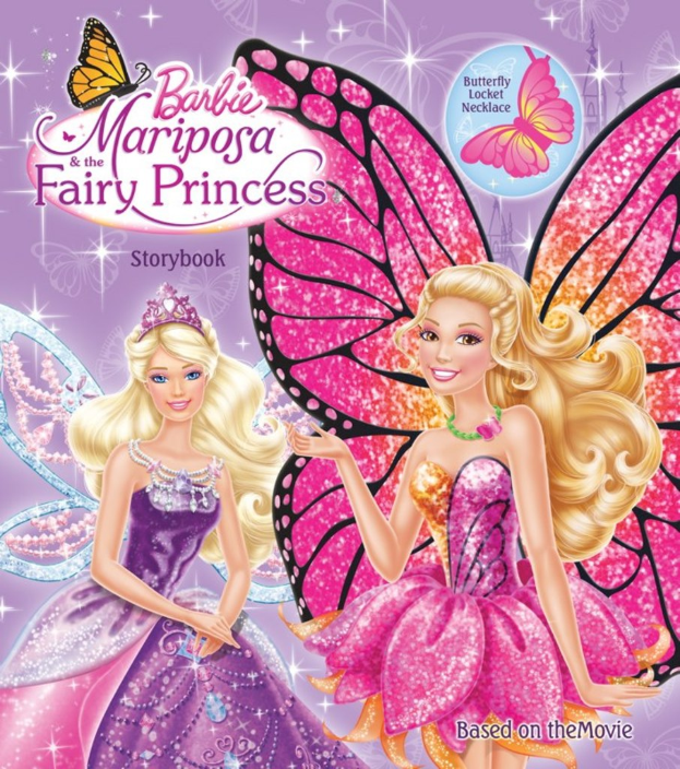 Ein Plakat mit zwei Engelskindern, beschriftet mit "Barbie Mariposa Fairy Princess."
