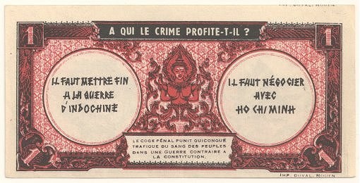 Alte französische Banknote mit ernst dreinschauendem Mann in Anzug, Text "A qui le crime profite-il?" auf weißem Hintergrund mit schwarzem Rand.