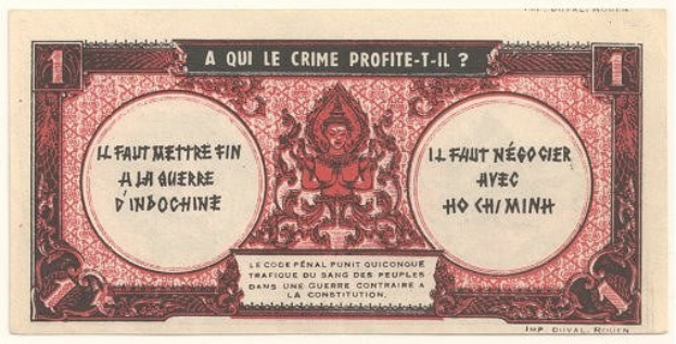 Alte französische Banknote mit ernst dreinschauendem Mann in Anzug, Text "A qui le crime profite-il?" auf weißem Hintergrund mit schwarzem Rand.
