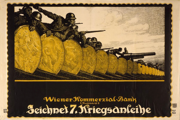 Ein deutsches Propagandaplakat aus dem Zweiten Weltkrieg, das eine Gruppe von Helmet tragenden, bewaffneten Personen mit dem Text "Wiener Kommmerzial Bank" am unteren Rand zeigt.