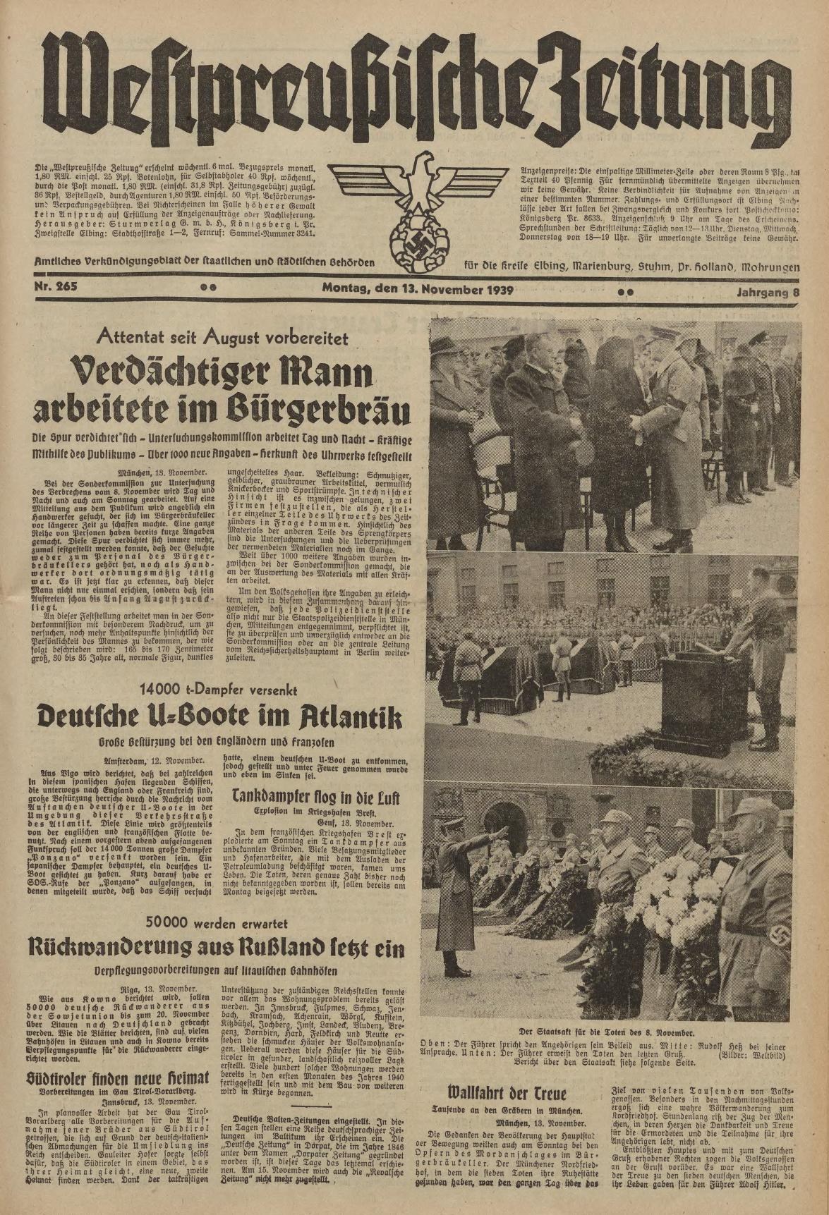 Schwarze-weiß-Titelseite einer deutschen Zeitung vom 13. November 1939, betitelt "Weitpreubliche Zeitung", mit einer Gruppe von Menschen in traditioneller deutscher Tracht beim Feiern.