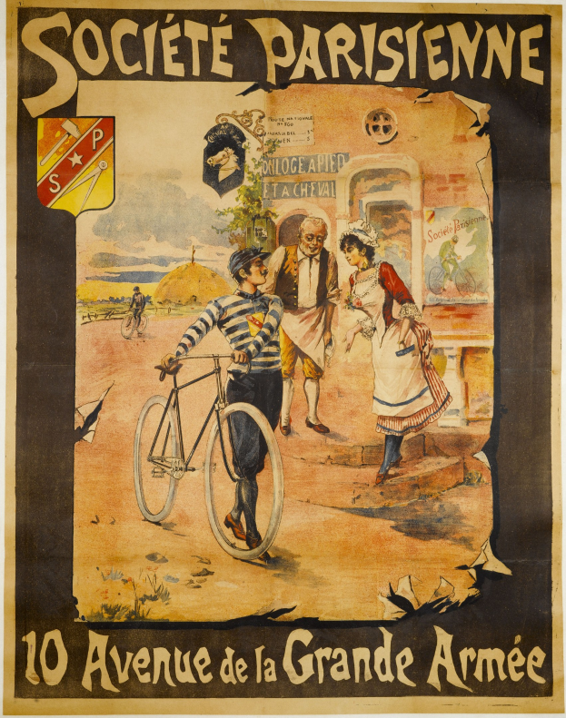 Plakat für ein Fahrradrennen in Paris, Frankreich, mit einer Gruppe von Menschen, von denen einer ein Fahrrad hält, einem Gebäude im Hintergrund und einem Text, der das Ereignis beschreibt.