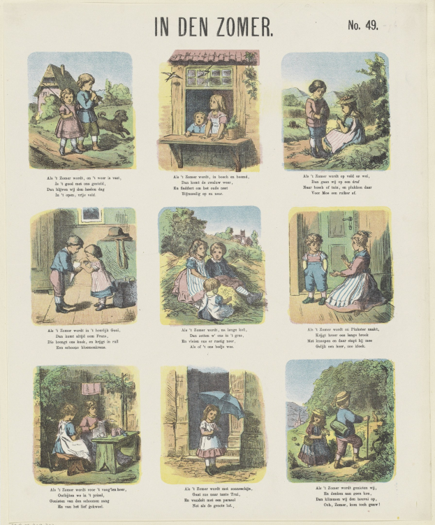 Eine bunte Kinderzeichnung von Kindern, die im Freien in einem üppigen Garten spielen, mit spielerischem Text und strahlenden Gesichtern.
