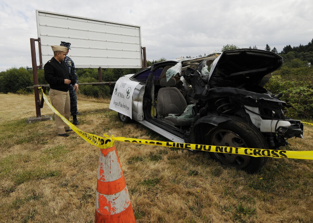 Polizist in Uniform inspiziert ein schwer beschädigtes Auto mit eingedellter Motorhaube und zersplitterten Fenstern am Straßenrand, mit einem Verkehrskegel und Band in der Nähe vor einem Hintergrund aus Bäumen und einem bewölkten Himmel.