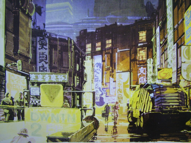 Eine belebte Stadtkulisse mit Menschen, Fahrzeugen, Gebäuden, Plakaten, Texten, einer Straße, Fenstern, Schildern, einer U-Bahn und Lichtern.