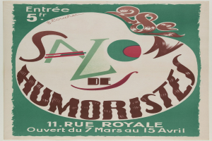 Plakat, das ein Humoristen-Salon in Paris, Frankreich, bewirbt, mit Text, der seine Angebote beschreibt.