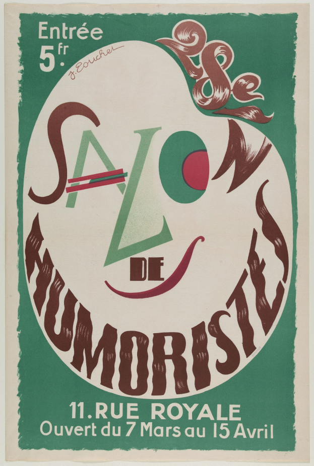 Plakat, das ein Humoristen-Salon in Paris, Frankreich, bewirbt, mit Text, der seine Angebote beschreibt.