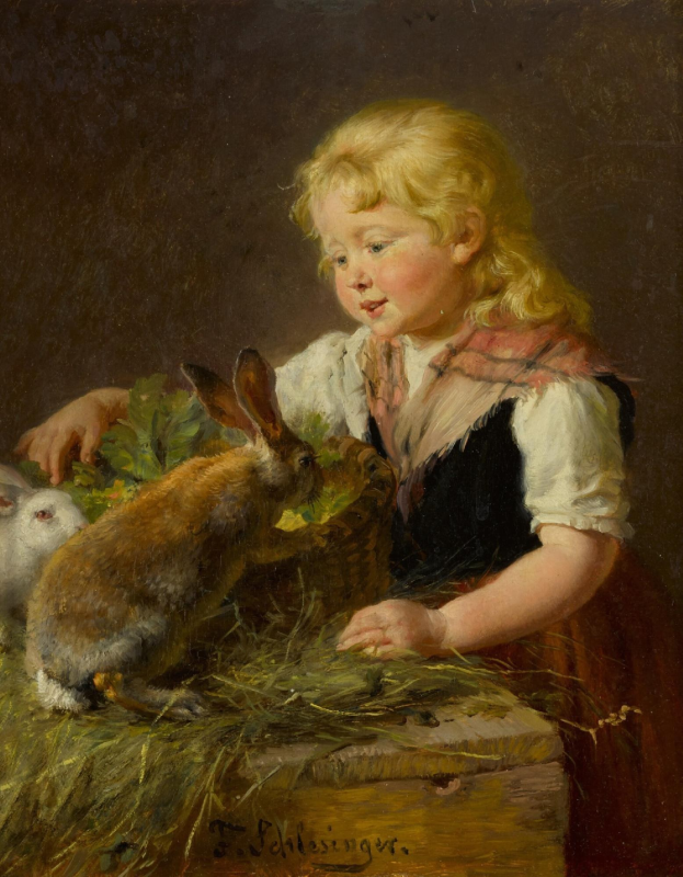 Gemälde namens 'Osterhase' von Thomas Schlesinger, das eine kleine Mädchen mit zwei Hasen in einem Korb zeigt, umgeben von grünem Gras und Blättern.