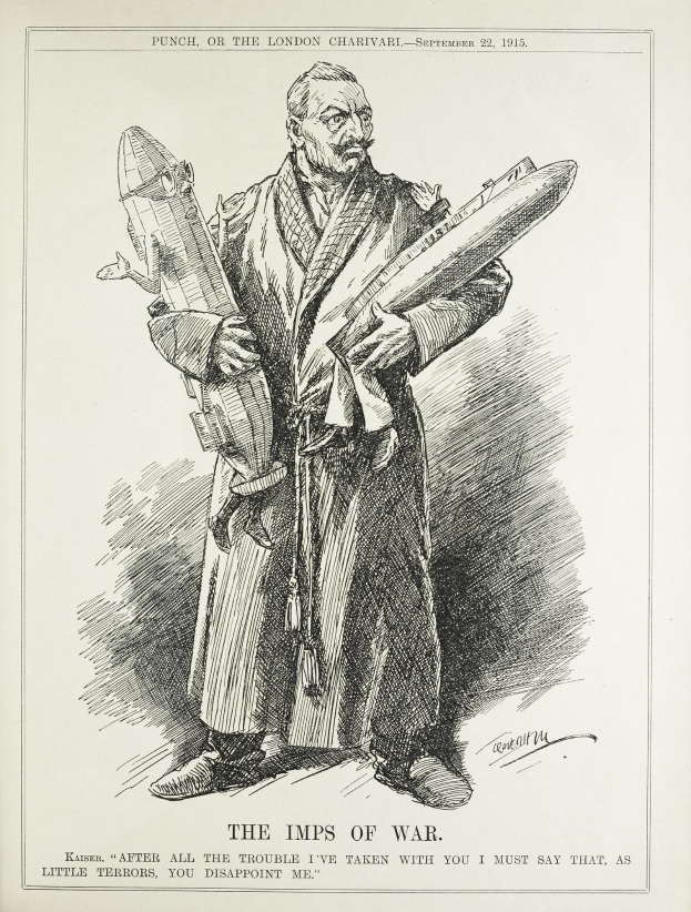 Ein altes Buch mit einer Zeichnung eines Mannes, der eine Rakete hält, mit der Inschrift "Die Kriegsgeister" auf der Seite.