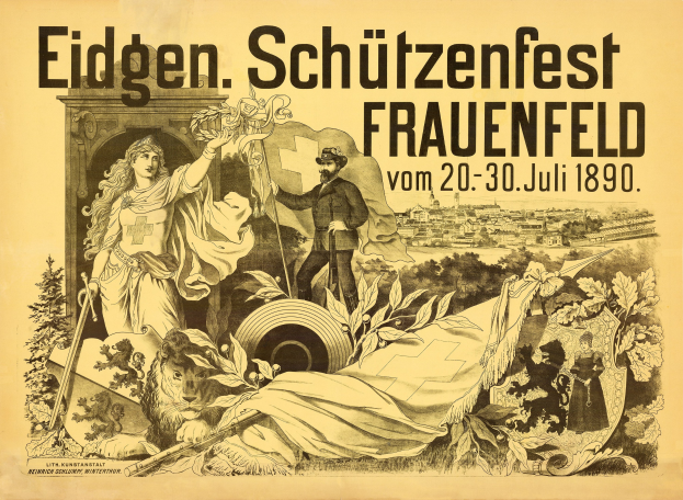 Plakat für das Eidgenössische Schützenfest in Frauenfeld, Deutschland, das einen Mann in einem Anzug und eine Frau in einem Kleid mit Veranstaltungstext zeigt.